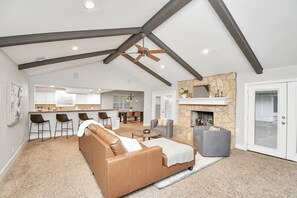 Smart TV, fireplace, books