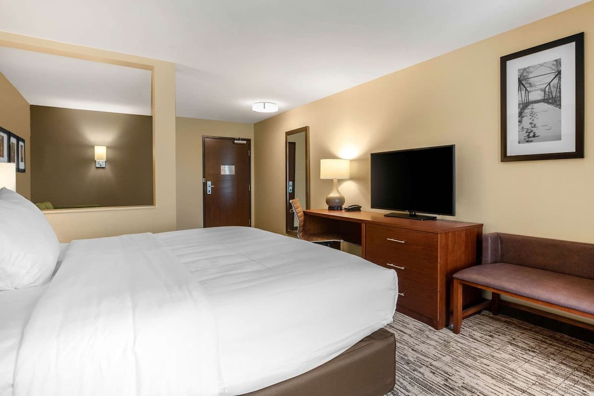 Una camera d'albergo con un letto, una scrivania con televisore, una sedia e un quadro appeso alla parete.