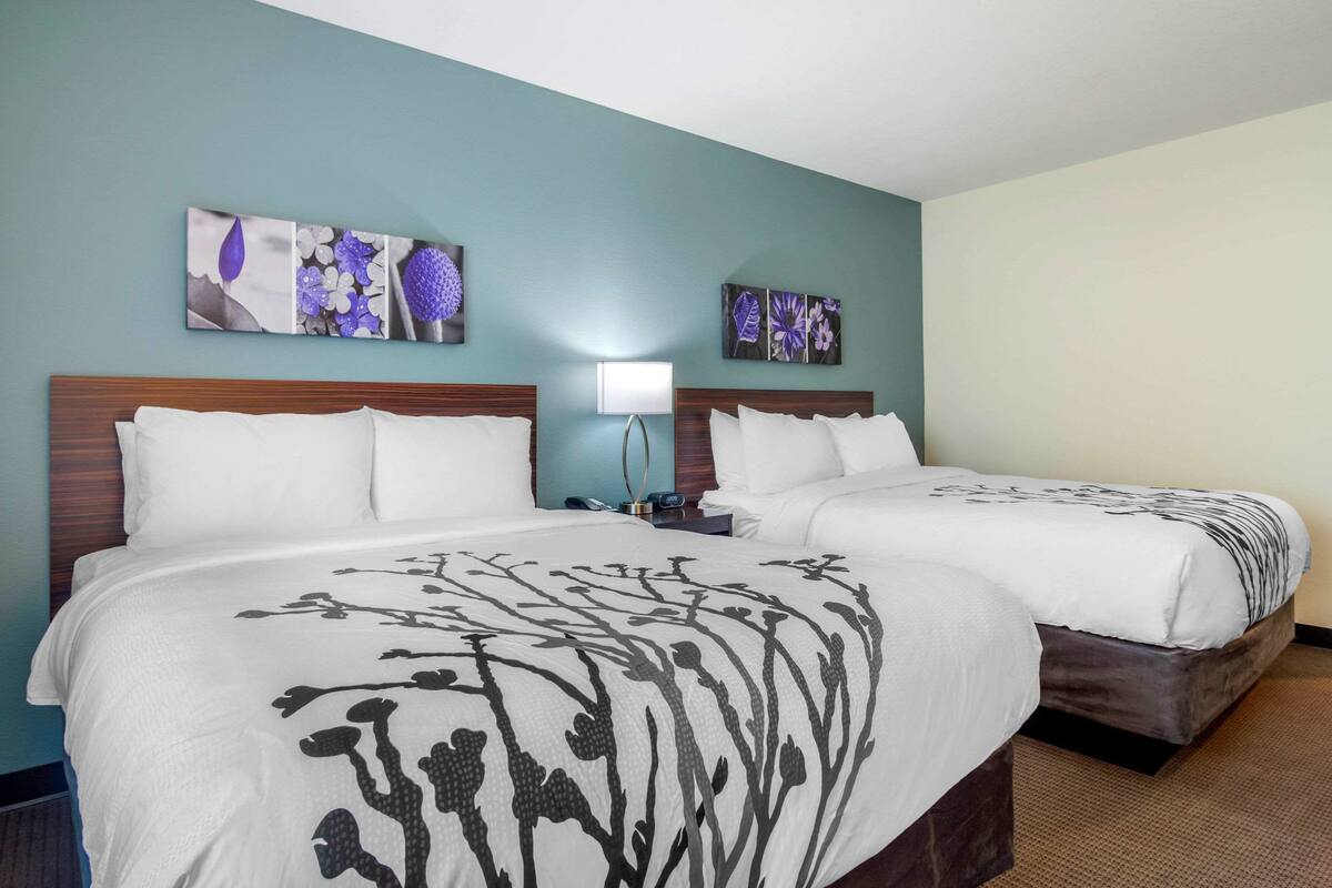 A hotel room with two beds, a nightstand, a lamp, and floral artwork on the walls.