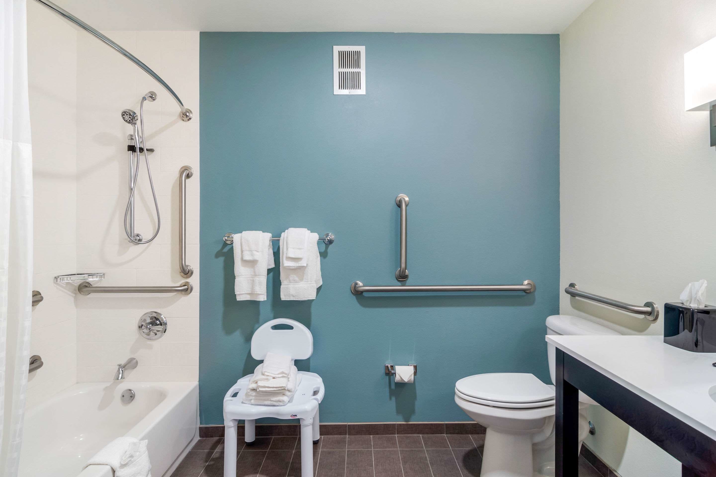 combined shower/bathtub, free toiletries, hair dryer, towels