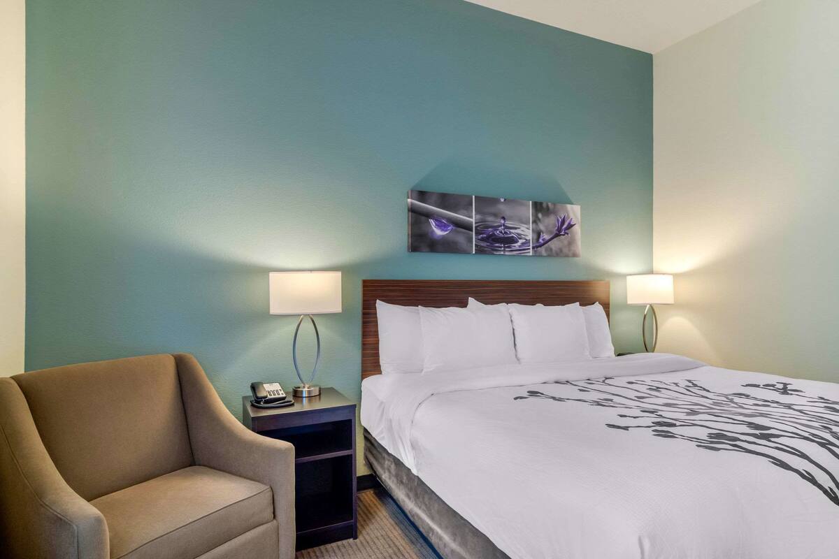 A hotel room with a bed, a chair, a nightstand, and a wall-mounted artwork.