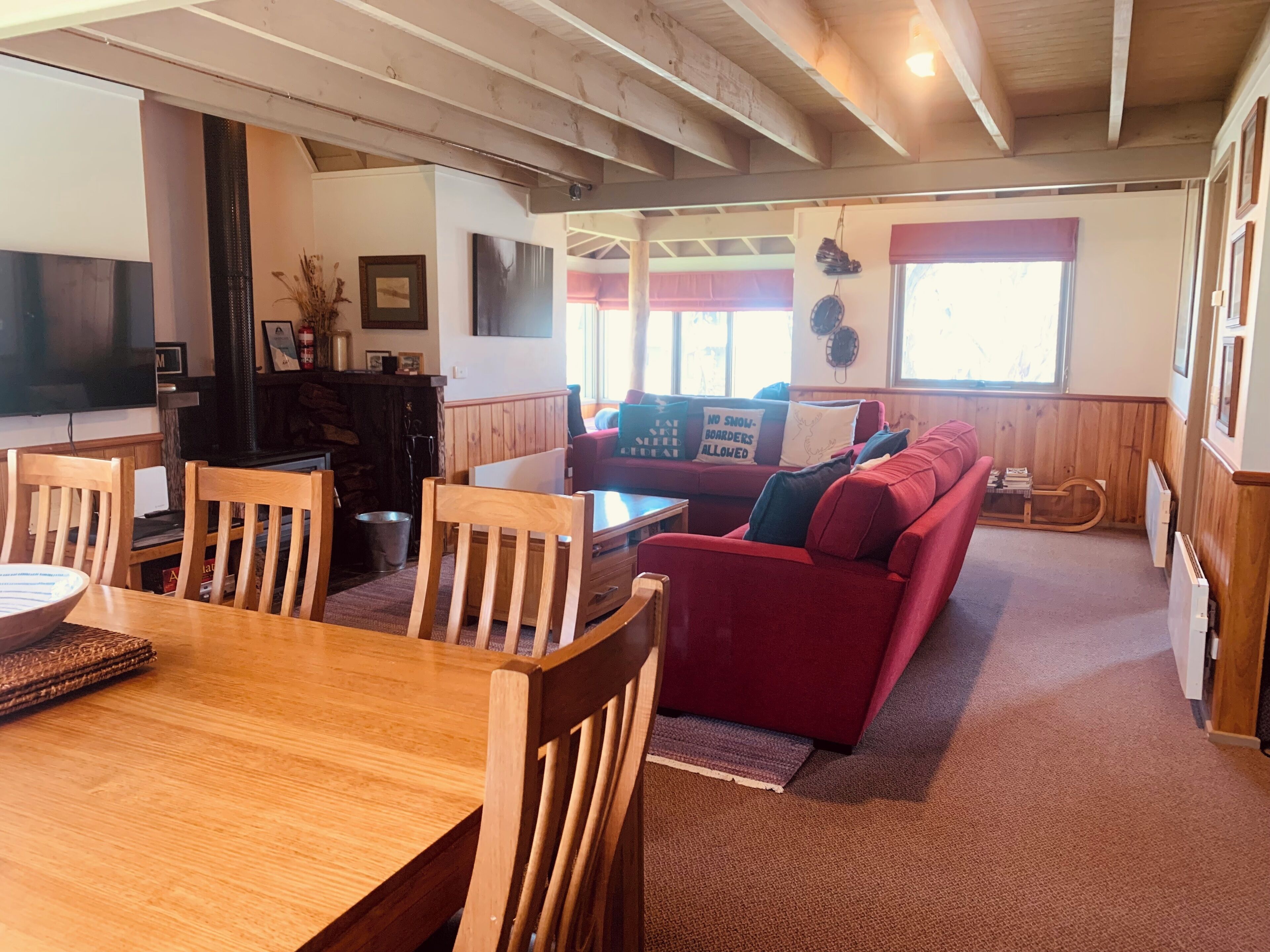 TV connectée, cheminée, lecteur de DVD, livres