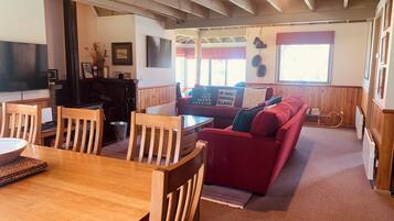 TV connectée, cheminée, lecteur de DVD, livres