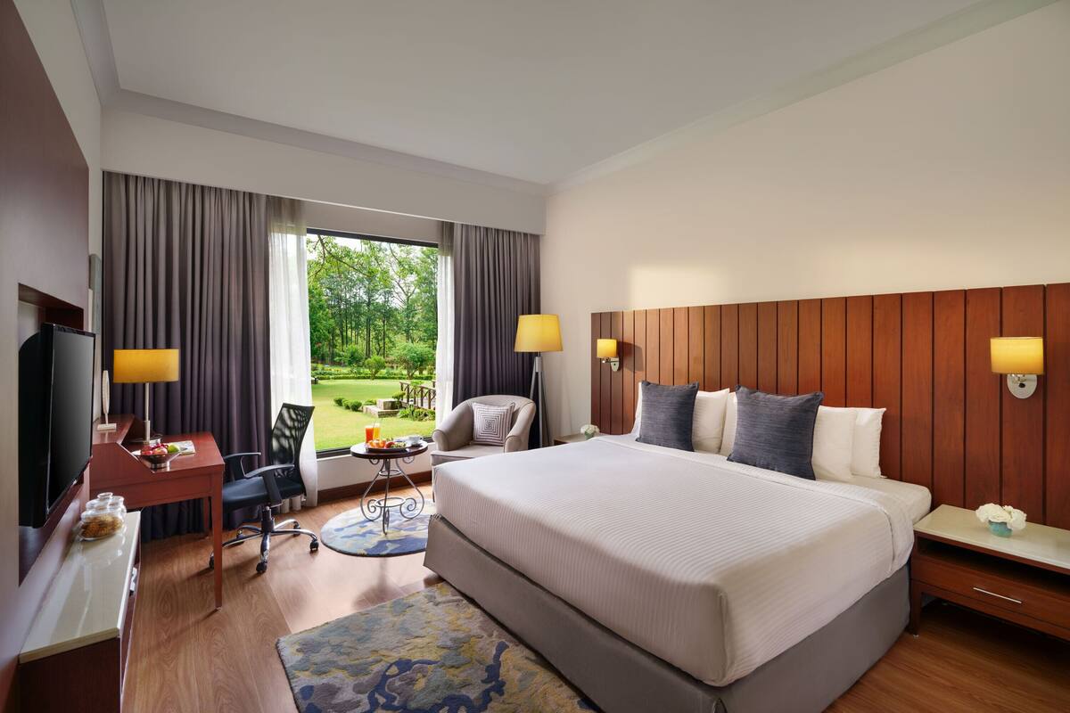 Habitación de hotel con una cama grande, un escritorio con televisor, una silla, una mesita con lámpara y vistas a un jardín.