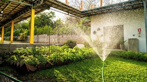 Un jardín con fuente de agua, un puente y un edificio con un hidrante.