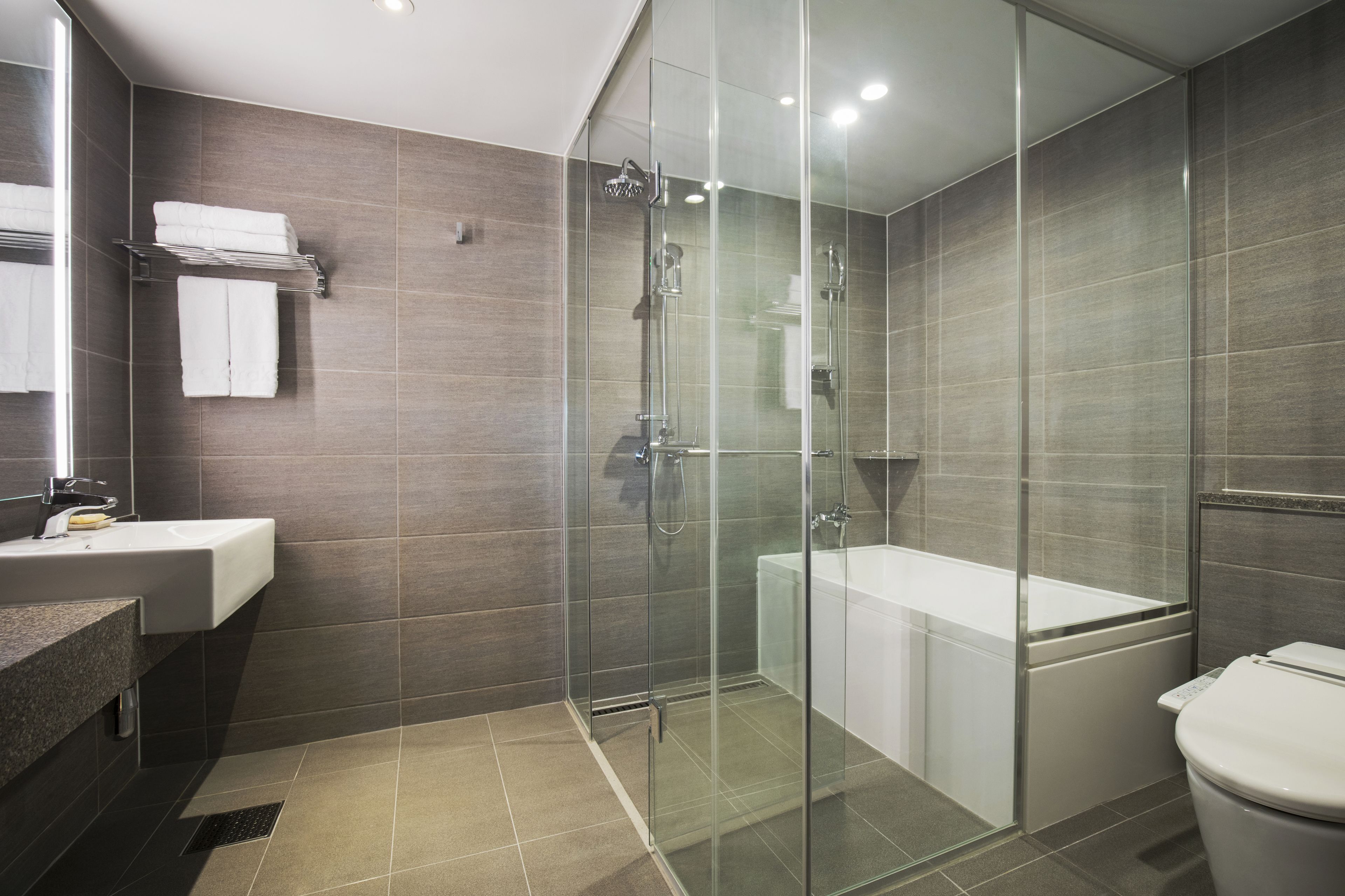 A modern bathroom with a glass-enclosed shower, a bathtub, and a toilet.