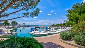 A marina with boats docked, surrounded by greenery and a clear sky.