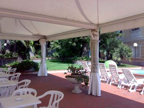 An outdoor patio with white plastic chairs and tables, a covered area with a white canopy, and a pool in the background.