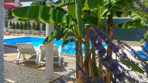 A pool area with chairs and banana plants. - Holiday home with washing machine and smart TV (Valbandon)