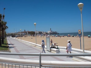 A coastal promenade with a beach, palm trees, and a clear sky.