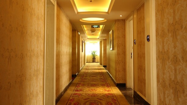 A hotel hallway with patterned walls, a carpeted floor, and a ceiling with recessed lighting. - Jiali Holiday Inn Wanhe Branch (Chengdu)