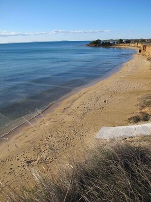 A beach with clear blue water, sandy shore, and some vegetation.