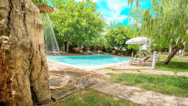A swimming pool with a waterfall feature, surrounded by lush greenery and a stone pathway. - Villa with air conditioning (Campanedda/Sassari)