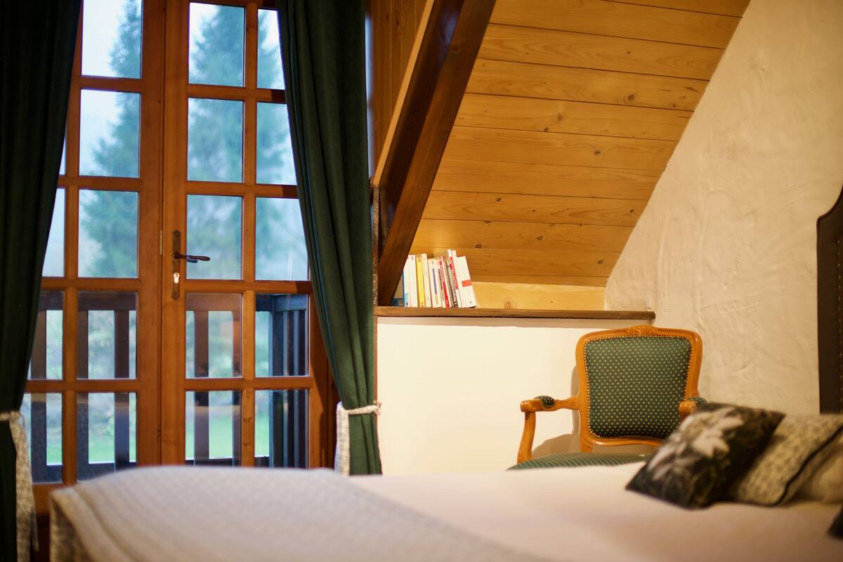 Une pièce comprenant un lit, une chaise, une bibliothèque remplie de livres et une fenêtre avec des rideaux.