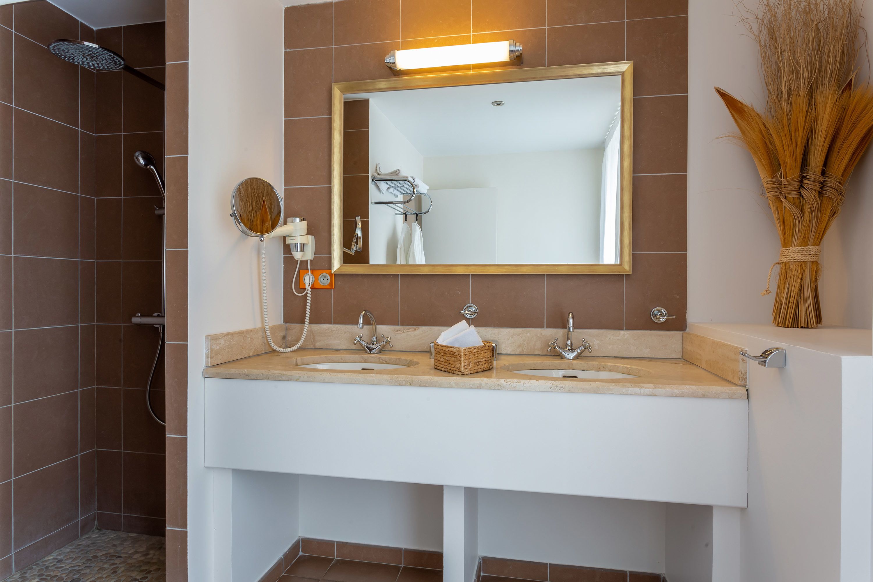 classic double room | bathroom | rainfall showerhead, free toiletries, hair dryer, bathrobes