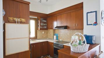 Full-sized fridge, oven, stovetop, coffee/tea maker