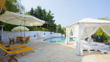 Outdoor pool, pool umbrellas, pool loungers