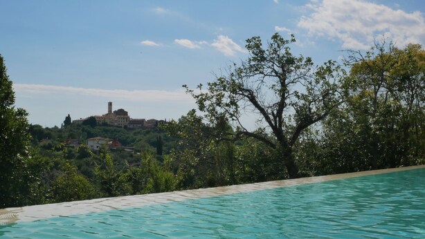 Ein Schwimmbecken mit klarem Wasser, umgeben von üppiger Vegetation und Blick auf ein historisches Gebäude im Hintergrund.