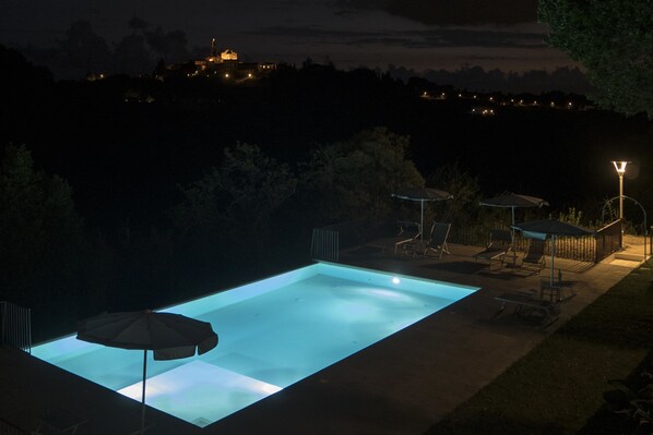 Seasonal outdoor pool, pool umbrellas, sun loungers