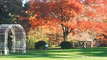 Ein Gartenpavillon in einem Park mit einem Baum, der Herbstlaub zeigt.