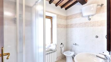 Shower, free toiletries, bidet, towels