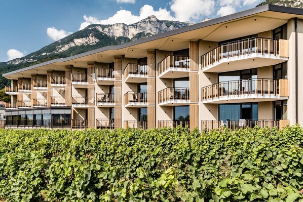 Un hôtel à plusieurs étages doté de balcons, avec un vignoble au premier plan et des montagnes en arrière-plan.