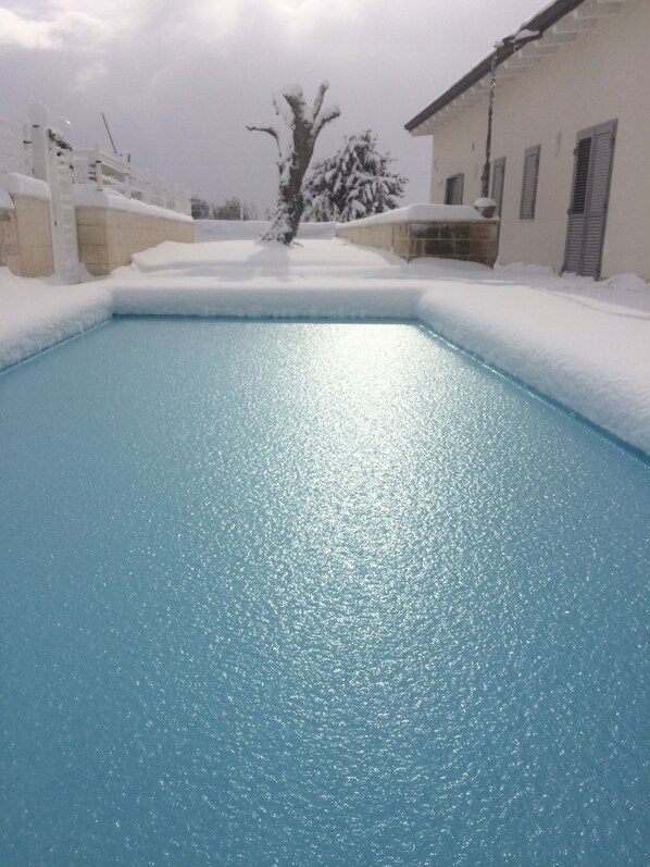 A swimming pool with a snow-covered tree in the background. - Ofra Matera (Matera)