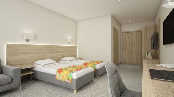 A hotel room with a bed, two bedside tables, a desk with a chair, a TV, and a wardrobe. - Gościniec Folwark Nadawki (Wasilków)