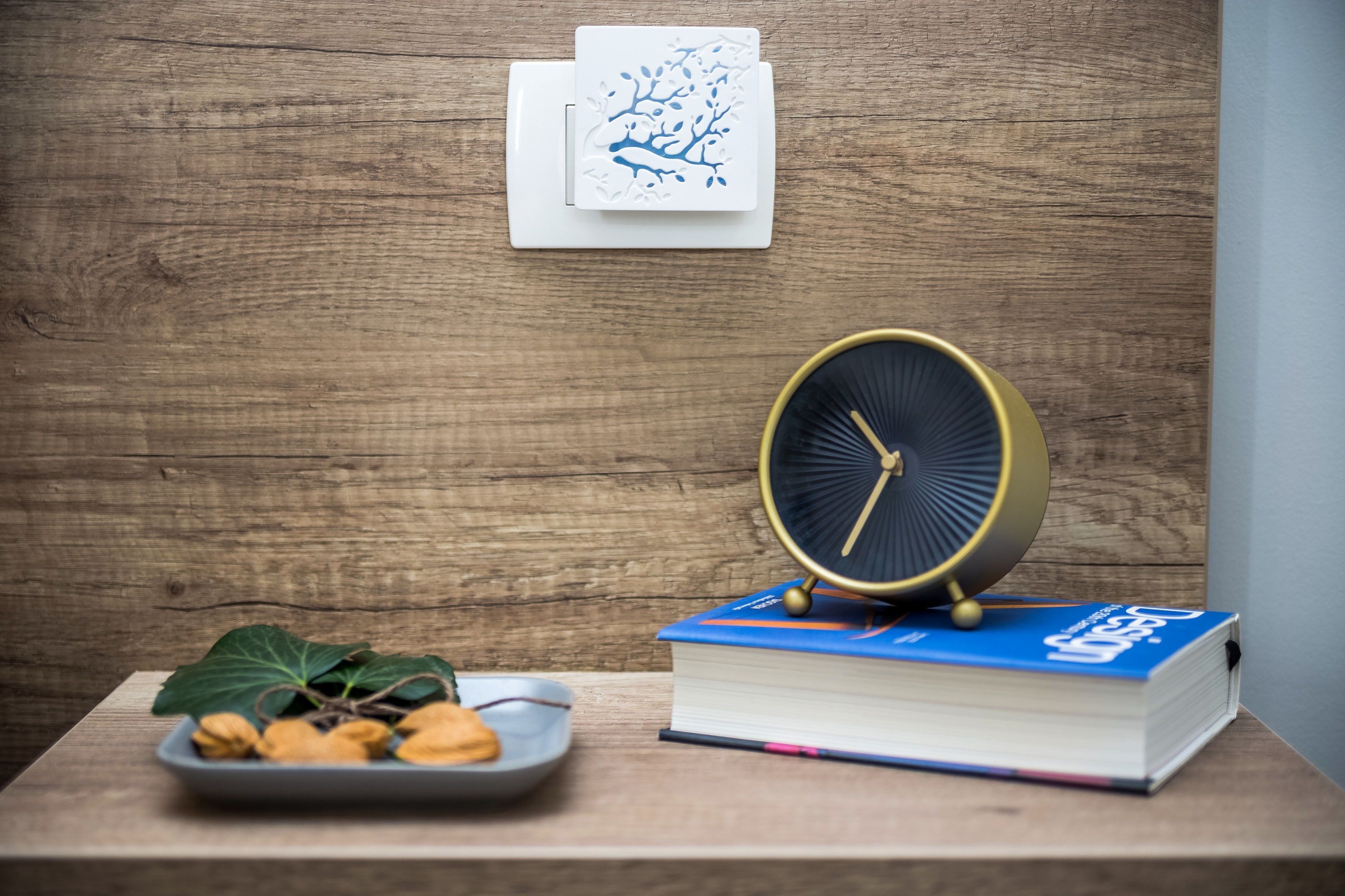 A wooden table with a book, a clock, and a plate of nuts.