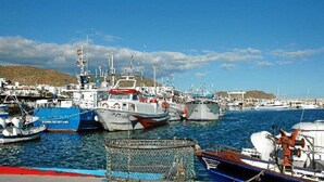 Un puerto deportivo con varias embarcaciones amarradas, cielo despejado y un paisaje montañoso al fondo.