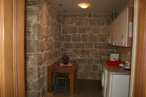 Fridge, electric kettle, cleaning supplies, paper towels