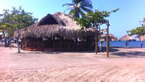 Una cabaña en la playa con techo de paja, rodeada de palmeras y un cielo azul despejado.