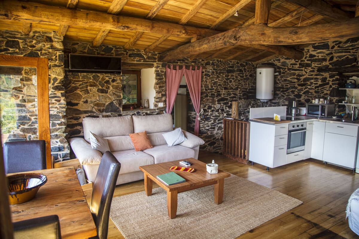 Ein rustikales Blockhaus-Interieur mit Steinswand, Holzbalkendecke, einer Küchenzeile, einer Couch und einem Esstisch.