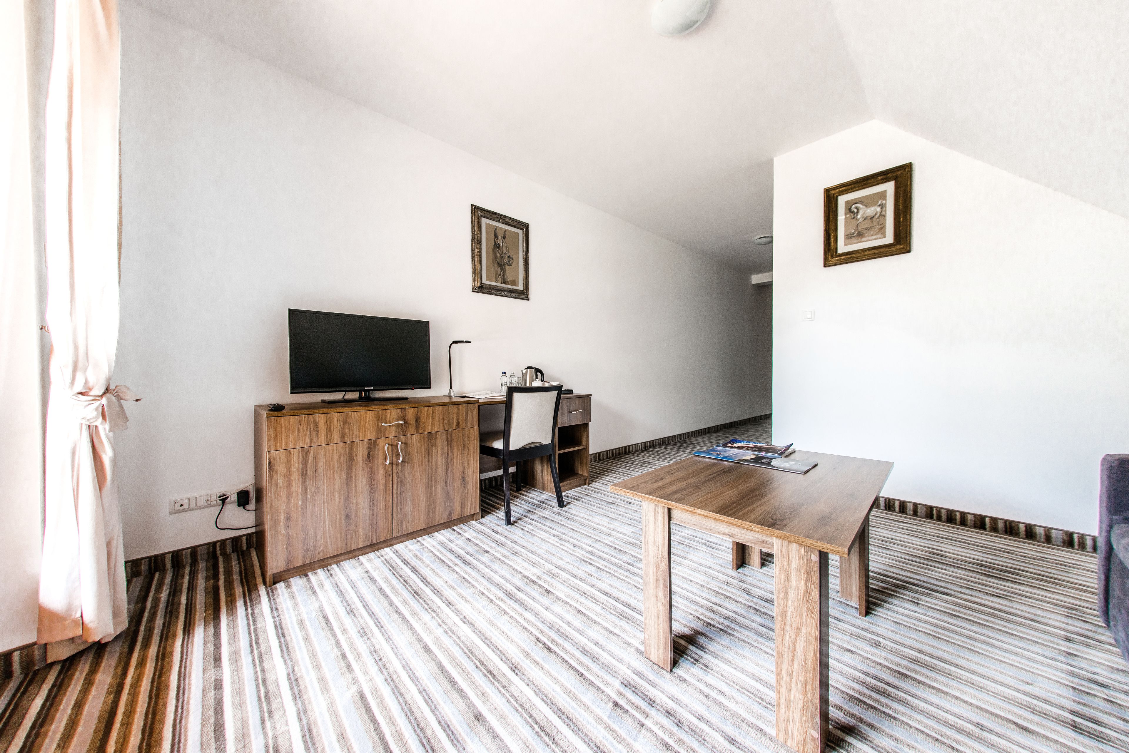 Una habitación con alfombra a rayas, una mesa de madera, un televisor sobre un mueble y dos cuadros en la pared.