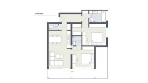 Hotellihuoneen pohjapiirros, huoneen numero 203, nimeltään Ruben. Pohjapiirroksesta käyvät ilmi parveke, kylpyhuone, keittiö ja oleskelutila.
