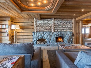 Cozy seating area with a fireplace, sofas, and a bookshelf.