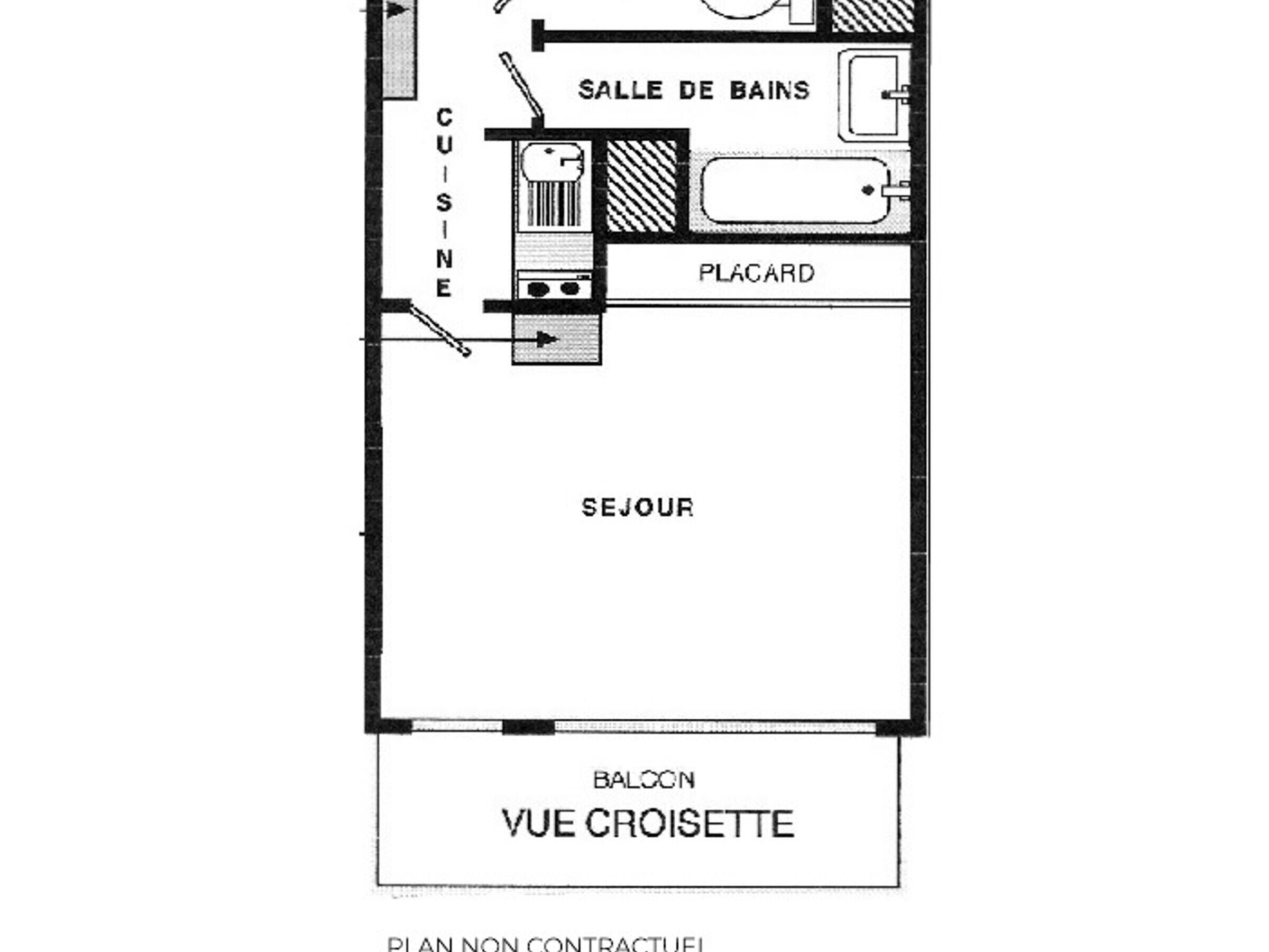 Un plan d’étage d’hôtel comprenant un balcon, une cuisine, une salle de bain et un espace de vie.