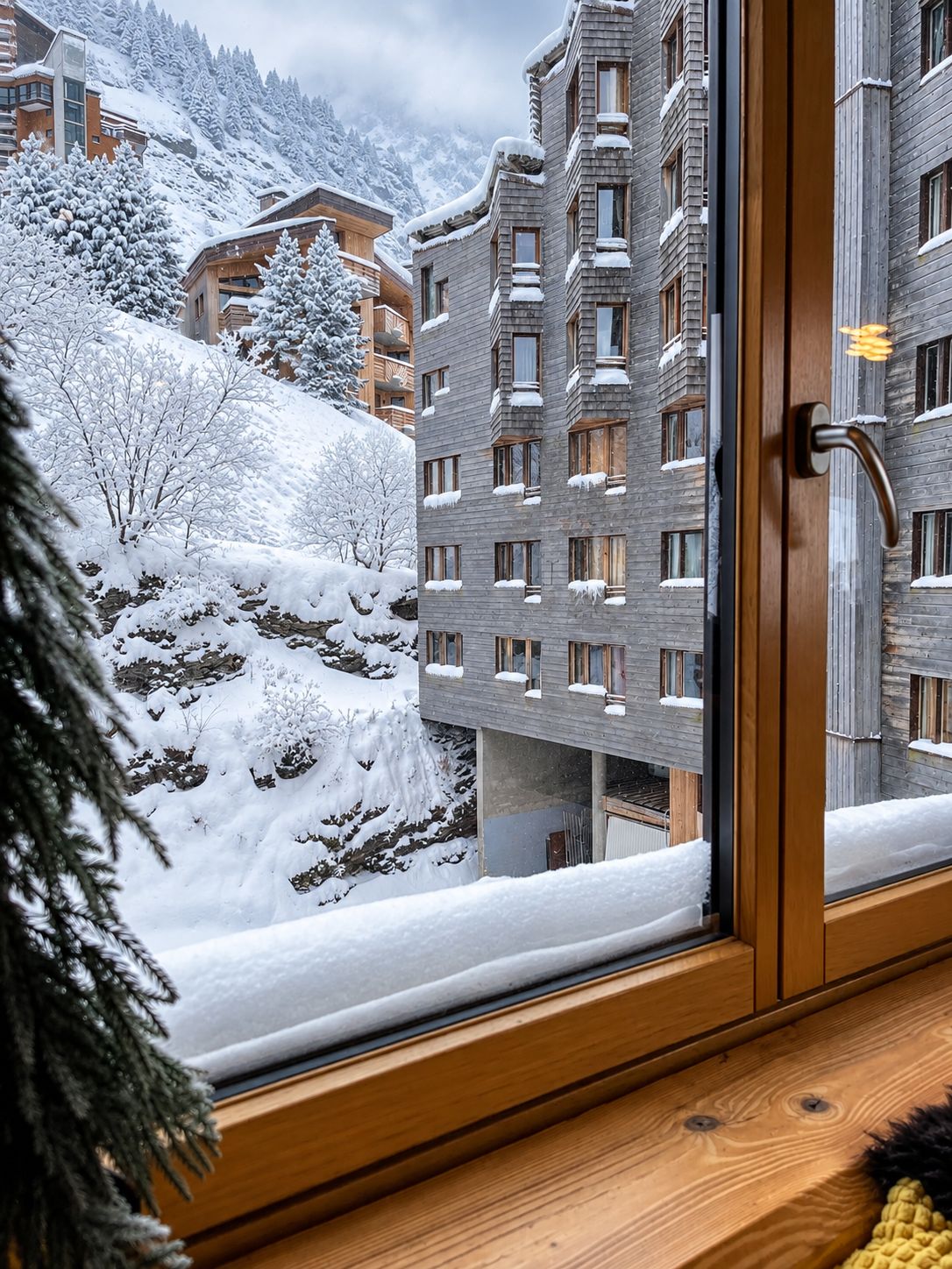A window view of a building with multiple floors, snow-covered trees, and a mountainous backdrop.