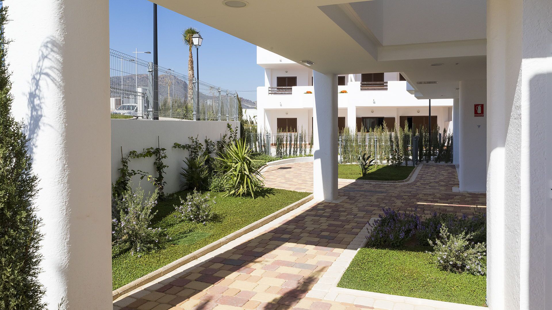 A covered outdoor area with a paved walkway, greenery, and a white building in the background.