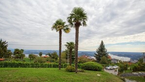 A residential area with two tall palm trees, a well-maintained lawn, and a view of a body of water and distant hills. - Contemporary 3 Bed Italian Lakes Villa, Lake Views, Wifi, BBQ (Massino Visconti)