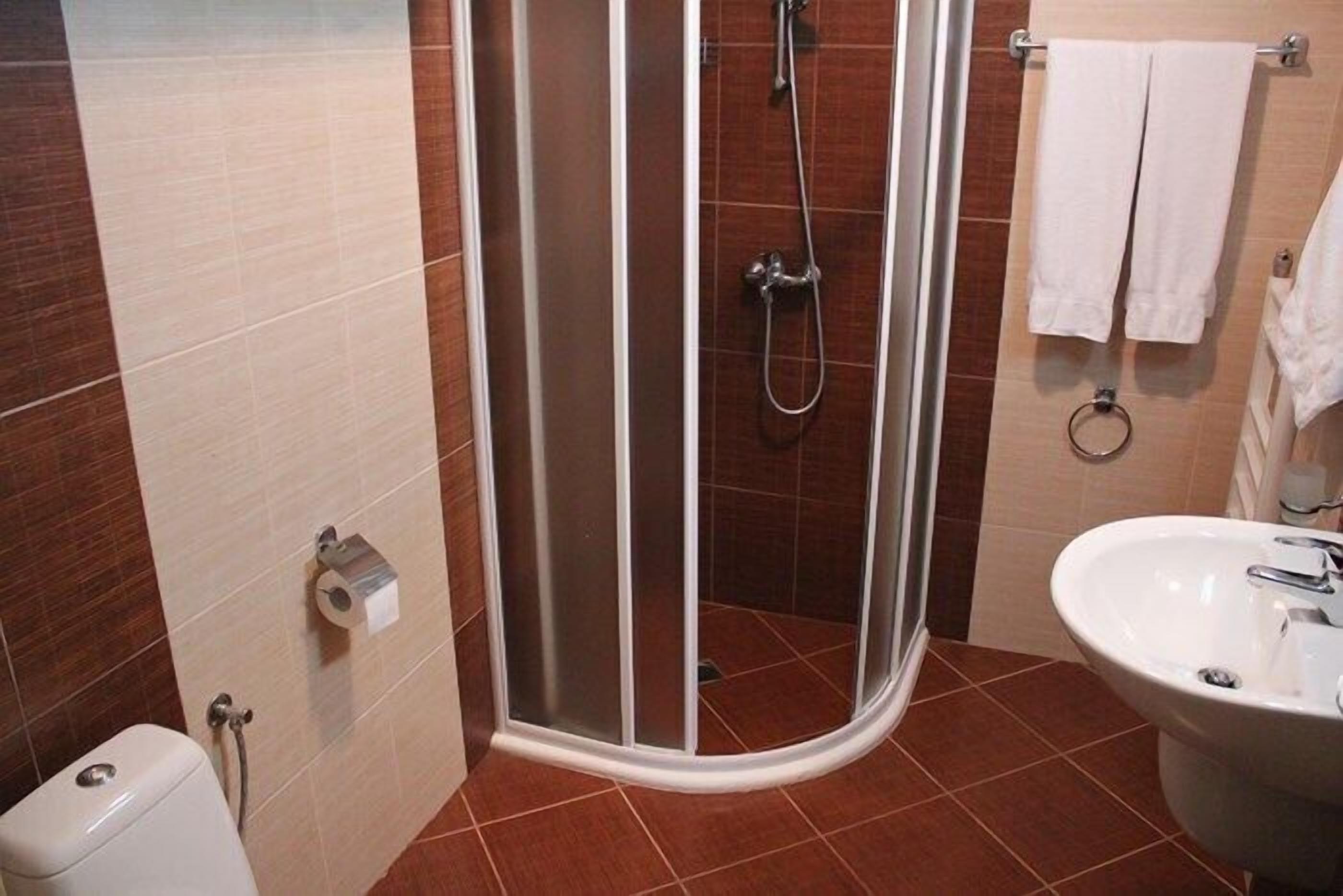 A shower with a glass door, a toilet, and a sink with a mirror.