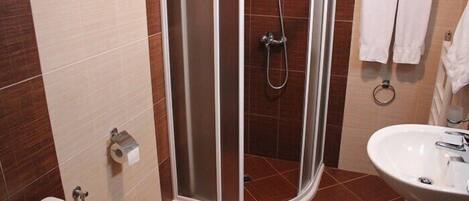 A shower with a glass door, a toilet, and a sink with a mirror.
