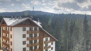 A multi-story hotel with balconies, set against a forested mountain backdrop.