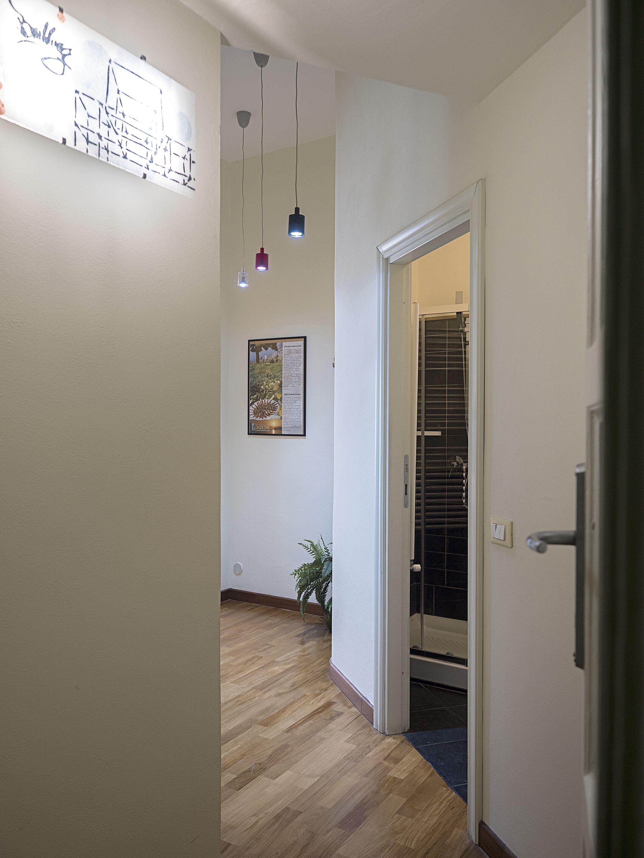 Un corridoio con pavimento in legno, una porta che dà su un bagno e un'opera d'arte appesa al muro.