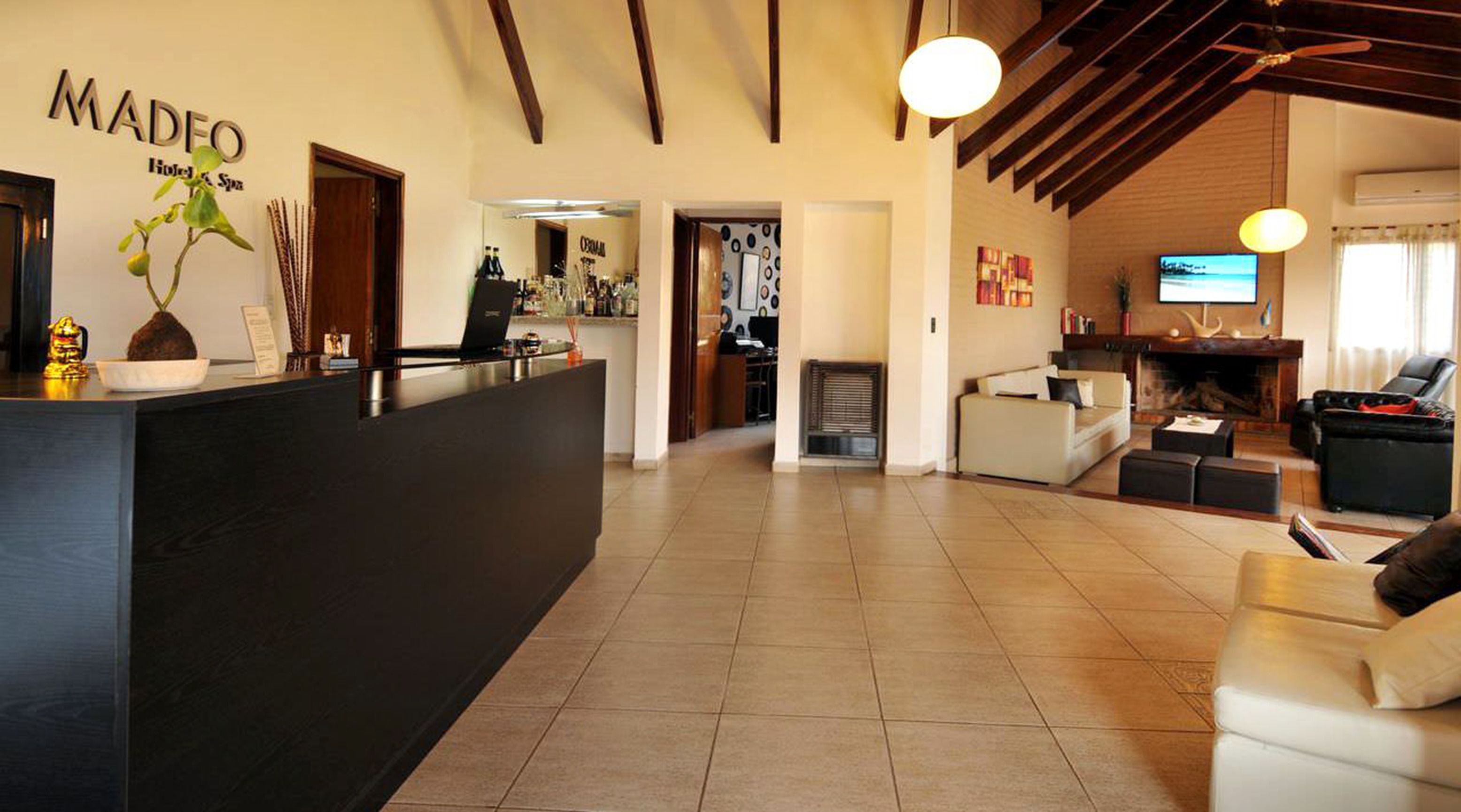 Zona de recepción de un hotel con un mostrador, un sofá, una chimenea y un televisor.