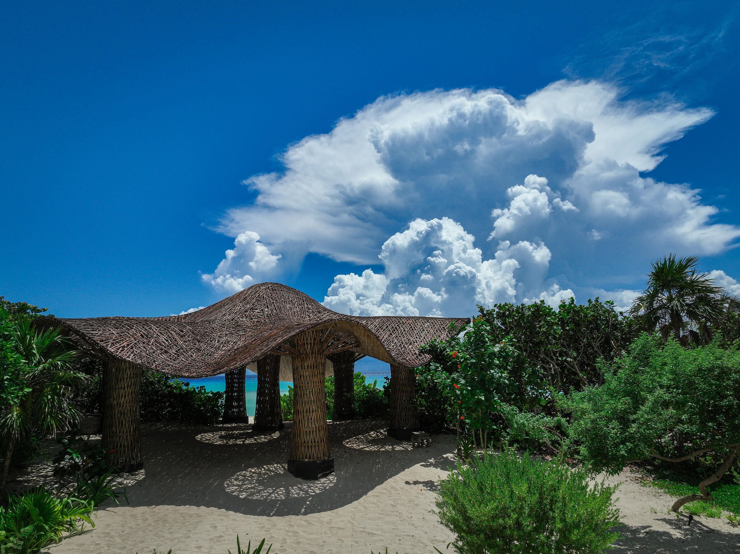 A beachside structure with a thatched roof, surrounded by greenery and a clear blue sky.