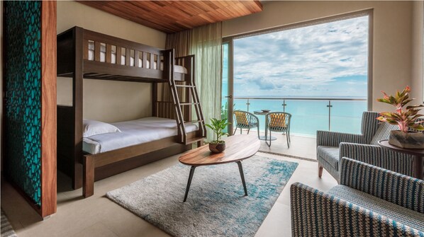 A balcony with a view of the sea, a bunk bed, a small table with a plant, and two chairs. - Palmaïa-The House of AïA: All Inclusive Wellness Resort (Playa del Carmen)