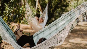 A hammock tied between trees in a natural setting. - Le Coeur des Vignes (Pauillac)