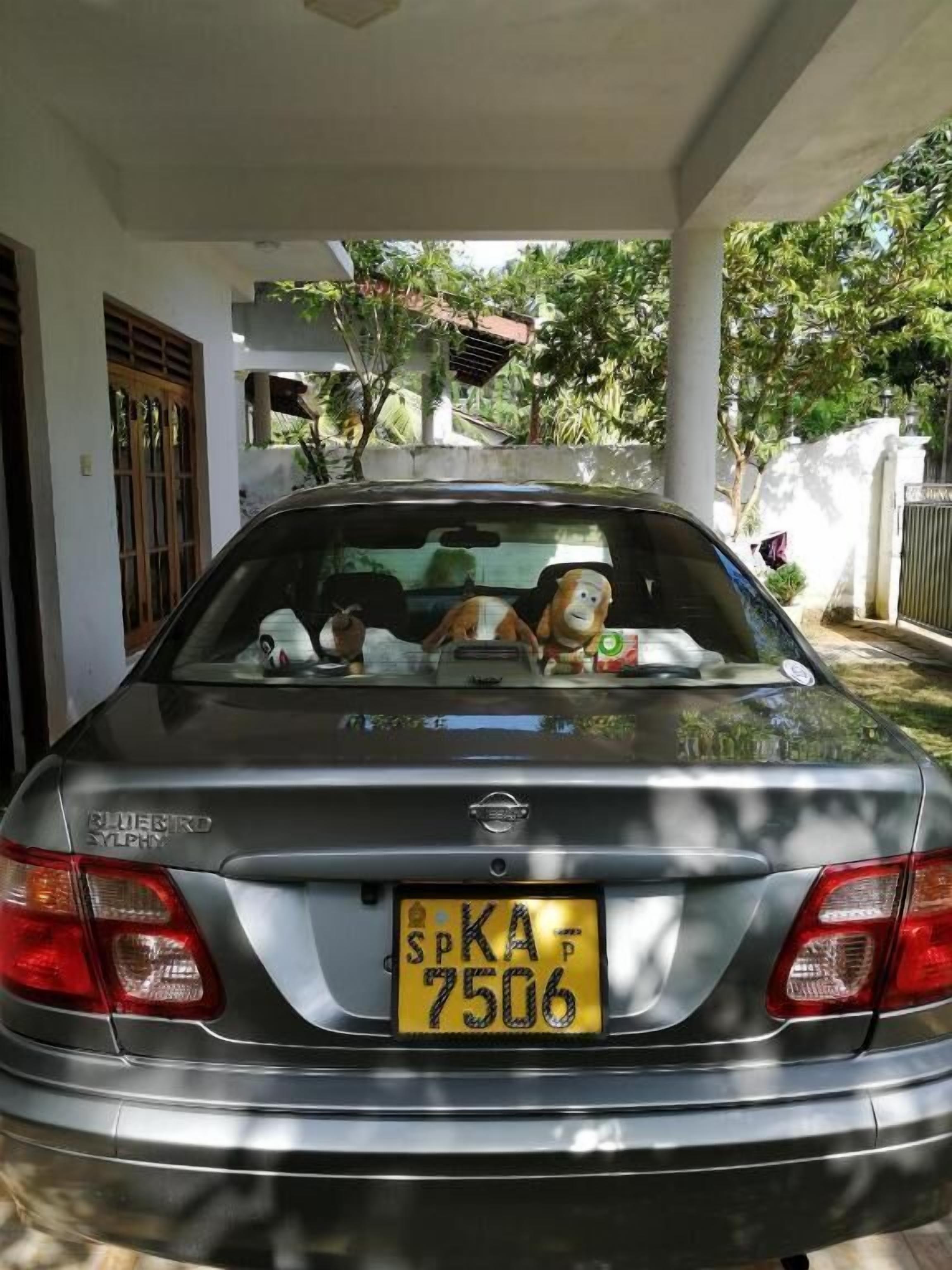 A car with a visible license plate and a rear view of a building with a covered entrance.
