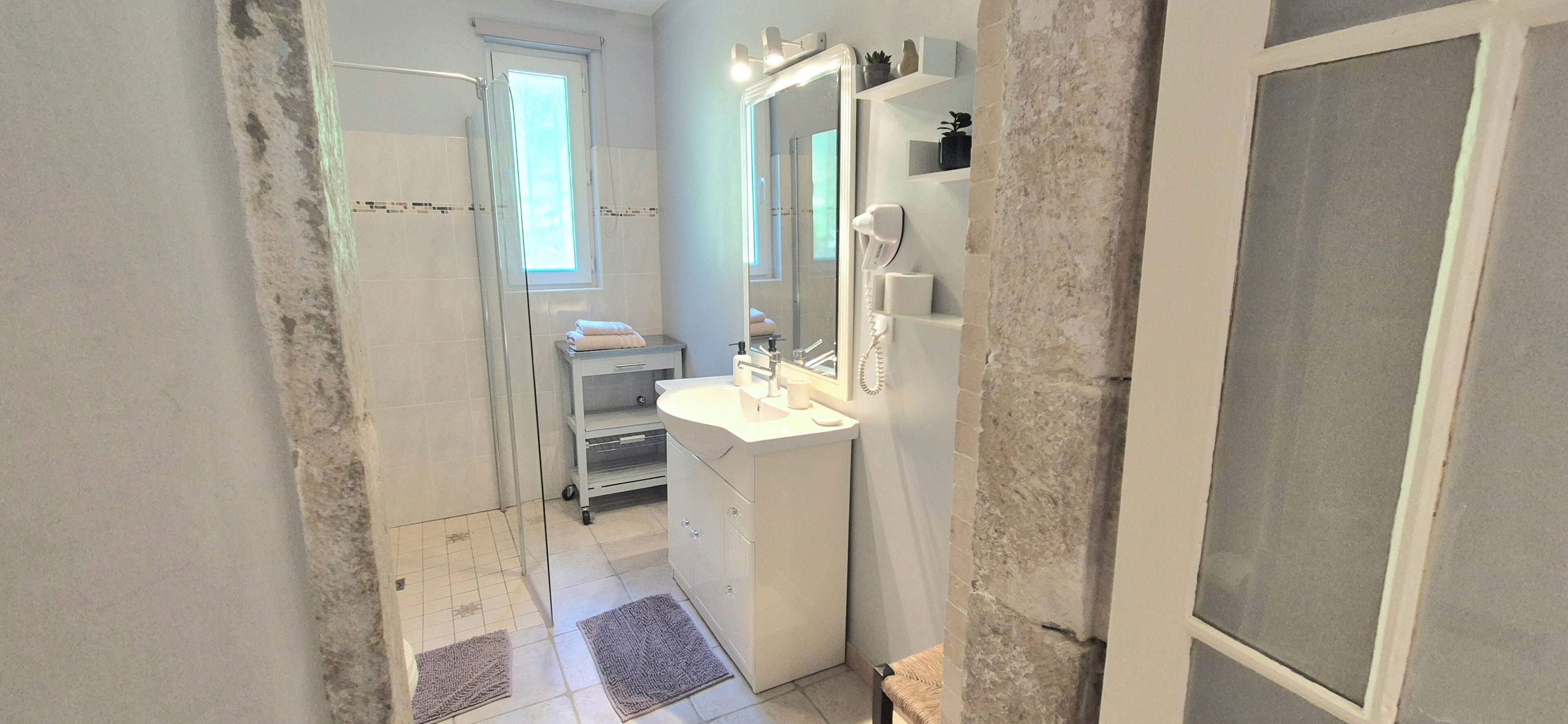 A bathroom with a shower, sink, and mirror.